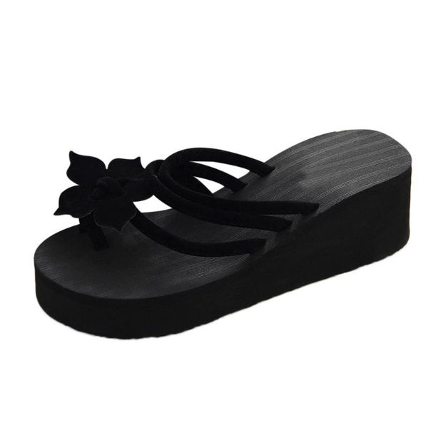 

jaycosin slippers solid color flowers flip flops women's leisure flower non-slip platform shoes wedges breathable beach shoes, Black
