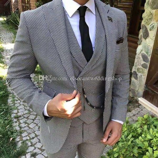 

new arrival houndstooth man work business suit groom tuxedos peak lapel men wedding party 3 pieces suits (jacket+pants+vest+tie) k168, Black;gray