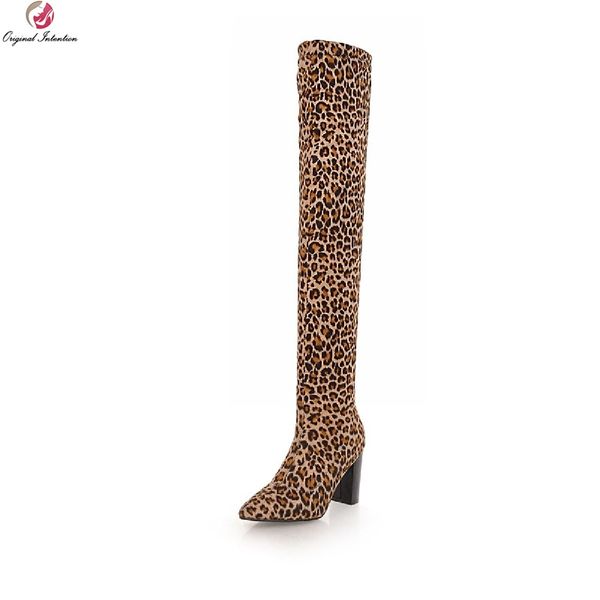 

original intention new stylish over the knee high leopard boots woman pointed toe chunky high heels shoes dress party, Black