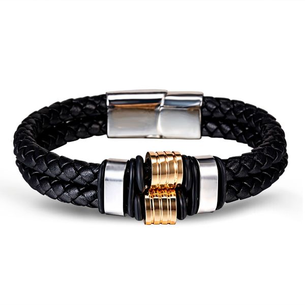 Hommes noirs métalliques en acier inoxydable cuir tressé bracelet corde chaîne Bangle cadeau