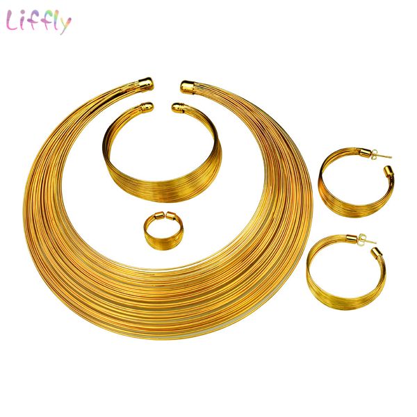 

liffly luxury dubai gold jewelry sets silk thread necklace ring earrings fashion bridal wedding jewelry sets for women, Silver