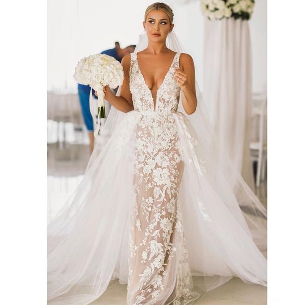 

2020 русалка свадебное платье с глубоким v-образным вырезом и съемными кружевными аппликациями из тюля оверскирт свадебное платье для сада х, White