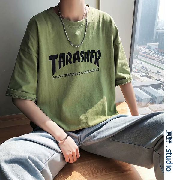 

men's summer new letter printed short-sleeved men's loose round neck t-shirt youth five-point sleeve tide, White;black