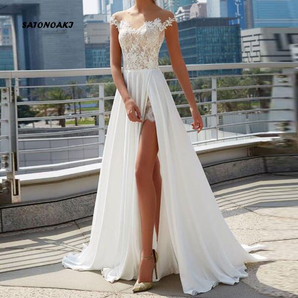 

satonoaki пляж свадебные платья 2020 платье robe mariage vintage lace top элегантных женщин ivory свадебные платья side split boho wedding, White