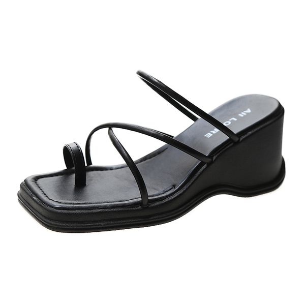 

female shoes rubber flip flops slippers casual slides women heels loafers square toe platform on a wedge 2020 soft hawaiian, Black