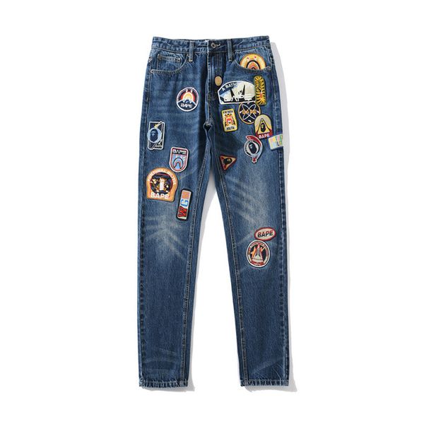 

bape new fashion mens distressed zipper jeans designer mens badge embroidered trousers men designer hip hop denim pants, Blue