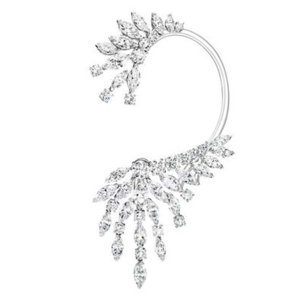 

godki 1piece luxury trendy feather mixed cubic zirconia long tassel wedding party earring cuff fashion jewelry for women, Silver