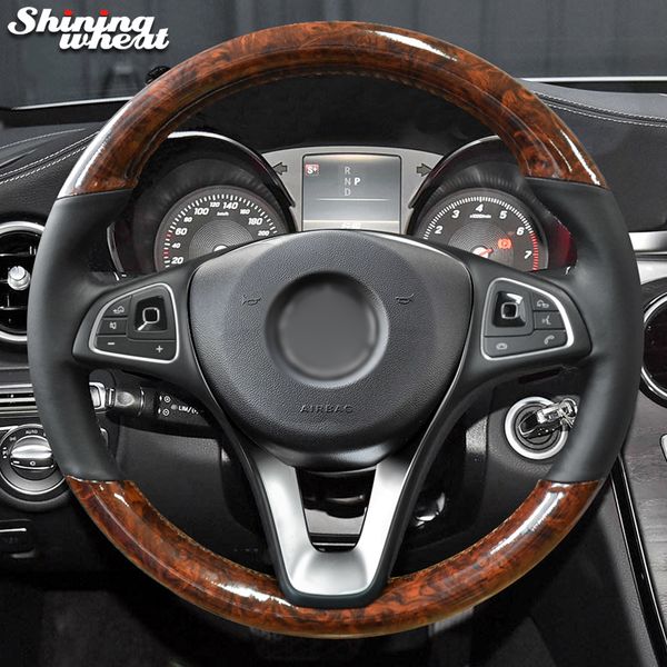 

shining wheat black genuine leather pu carbon fiber car steering wheel cover for - w205 c180 c200 c260 c300 b200