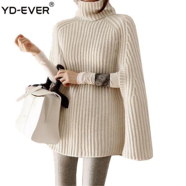 

yd-ever autumn winter casual knitted cloak turtleneck pullover sweater female ol loose split all-match tricot capes coat, Black
