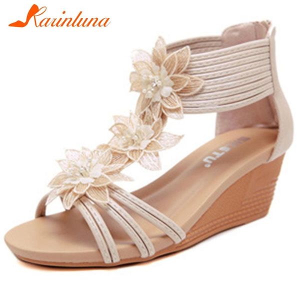 

karin new arrivals wedge high heels sweet flowers summer sandals woman shoes zip up comfortable shoes women sandals, Black