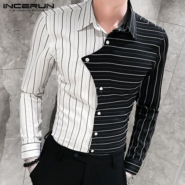 

incerun striped patchwork men dress shirt personality fitness long sleeve camisa fashion clubwear party brand shirts men s-5xl, White;black