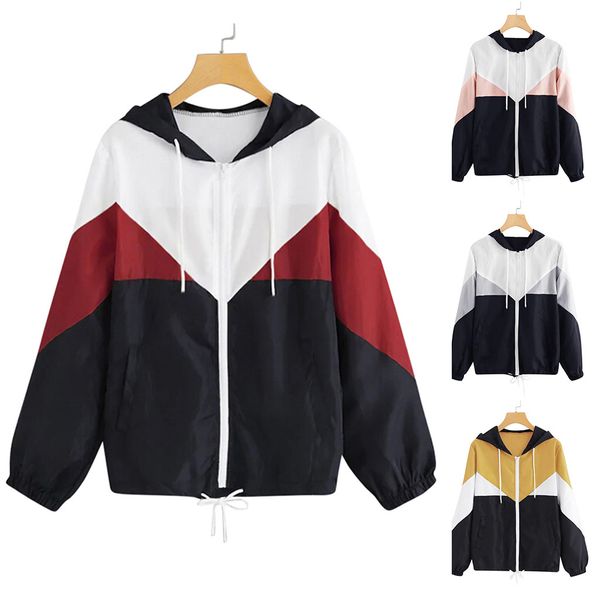 

autumn and summer women's casual long sleeve thin skin suits hooded patchwork hooded zipper pockets sport coat l0805, Black;brown