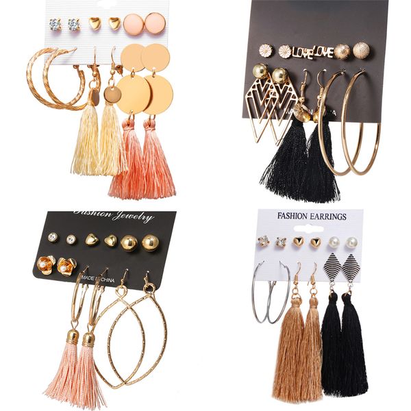 

17km new design long tassel stud earrings set for women girl 2018 bohemian flower heart earring fabric female fashion jewelry, Golden;silver