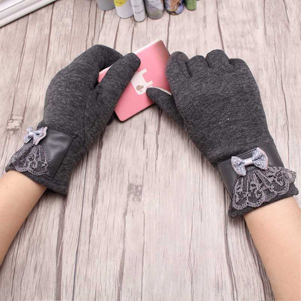 

c new arrival solid fashion lace bow mittens luvas winter warm gloves for women girl windproof driving glove, Blue;gray