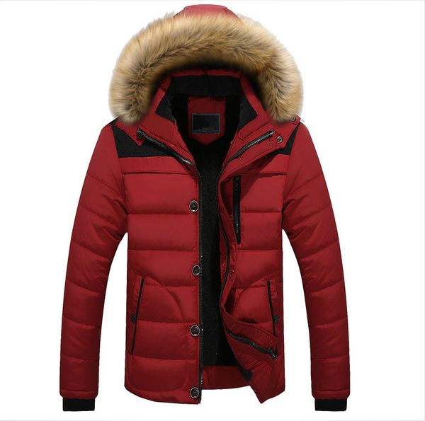 

mens winter parkas patchwork hooded faux fur collar thick fluffy coat boys cotton red oversized parka jacket 5xl winter clothing, Black