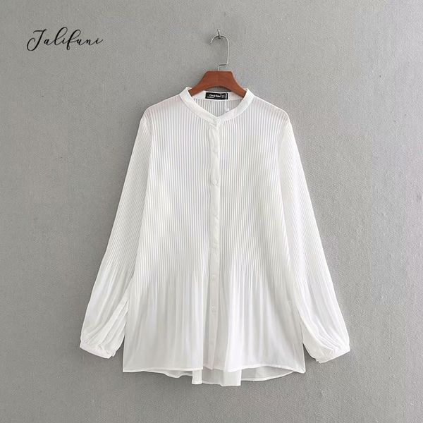 

spring new fashion chiffon long sleeve blouse women o neck pleated blouse solid wild casual shirt blusas mujer de moda 2020, White