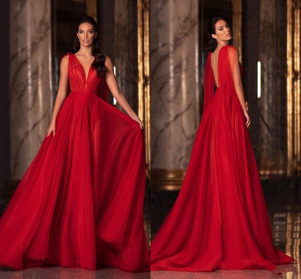 

red a line backless evening dresses deep v neck prom gowns sweep train chiffon plus size formal dress, Black;red