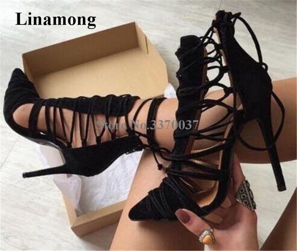

linamong fashion pointed toe suede leather straps cross thin heel pumps lace-up hollow out black brown high heels dress shoes