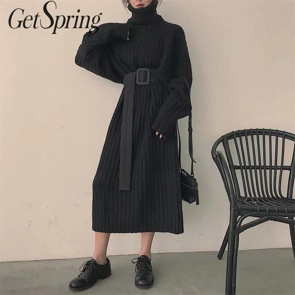 

getspring женщин свитер с длинным рукавом водолазка вязаный свитер все матч платье свободные длинные женщины топы осень зима 2019, White;black