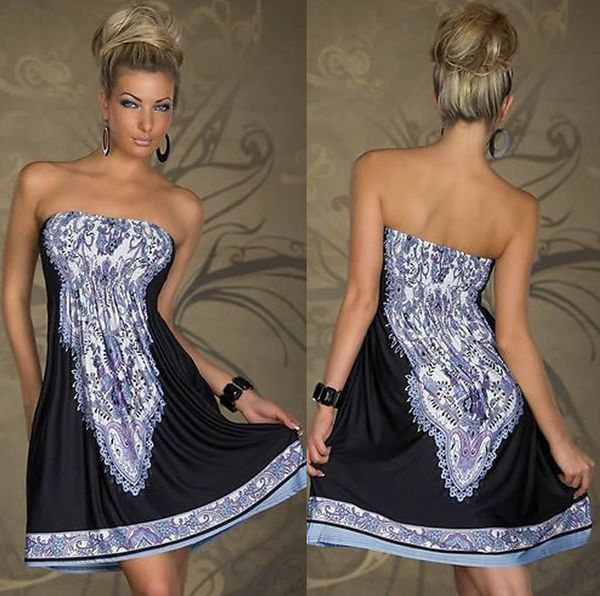 

plus size vestidos fashion retro 1960s 1970s vintage paisley print strapless hippie bohemian summer dress women beach dress 0686, Black;gray