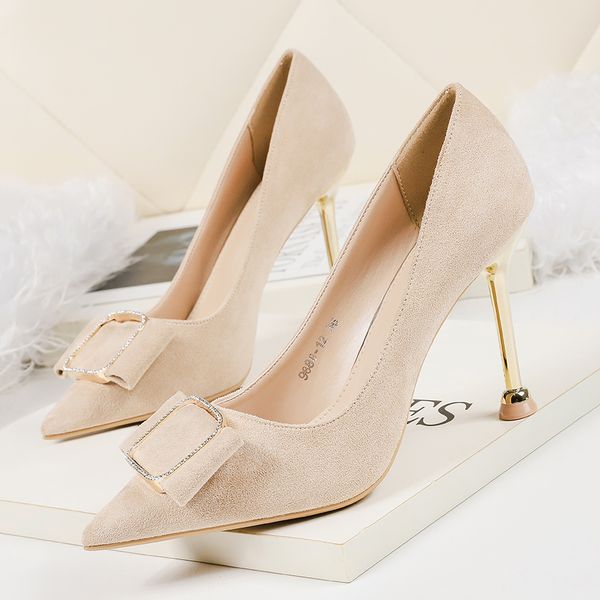 

spring women's shoes sweet high heels pointed toe shallow mouth suede bowknot crystal the buckle metal heel type working pumps, Black