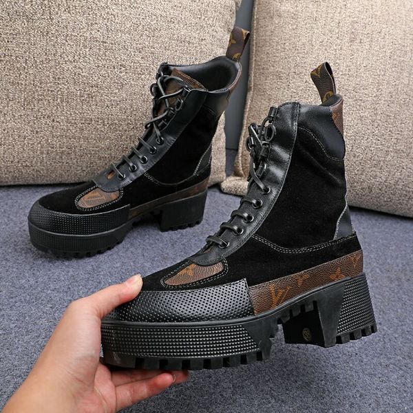 

2020 europe and america ankle boots outdoor lace-up womens thick bottom classic heel shoes genuine leather high-end martin boots, Black