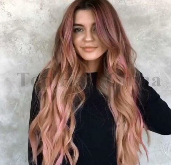 Women Wigs Natural Ombre Long Wavy Pink Hair Wigs Synthetic Wigs