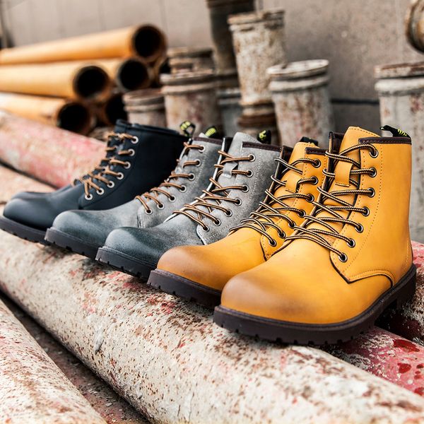 

fashion lace-up ankle boots men mid-calf boots warm leather waterproof motorcycle snow winter shoes ing, Black