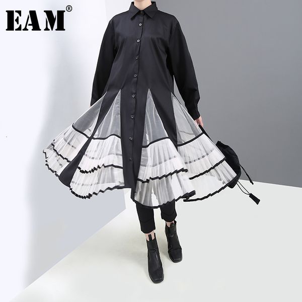 

eam] women black organza pleated temperament dress new round neck long sleeve loose fit fashion tide spring autumn 2019 1h866, Black;gray