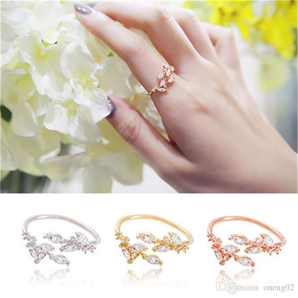 

2019 zircon leaf adjustable finger wedding rings for women silver gold zircon open ring girls wedding jewelry gifts, Slivery;golden