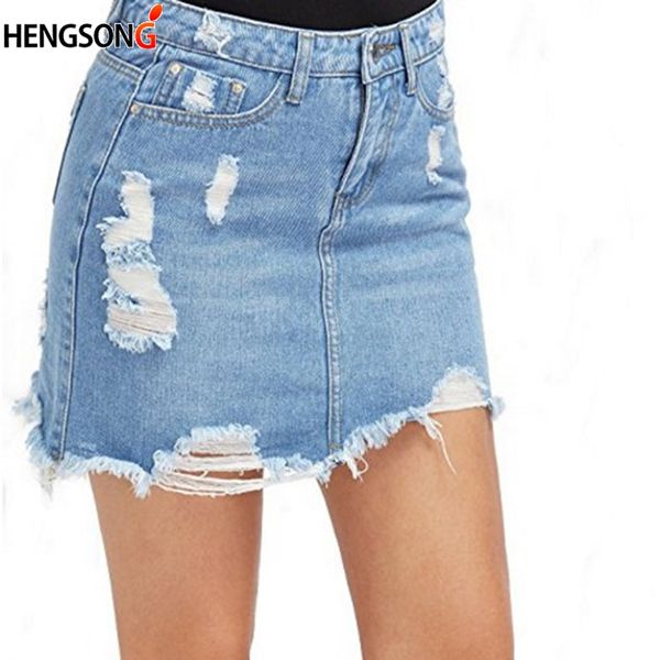 

fashion new distressed a-line skirt casual high waist denim skirt wash women mini summer, Black