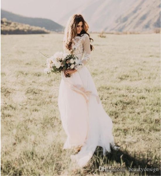 

forest bohemian country wedding dresses with sheer long sleeves bateau neck a line lace applique chiffon boho wedding bridal gowns, White