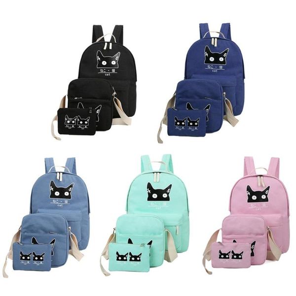 

3pcs students cat printed canvas school backpack crossbody clutch bag set