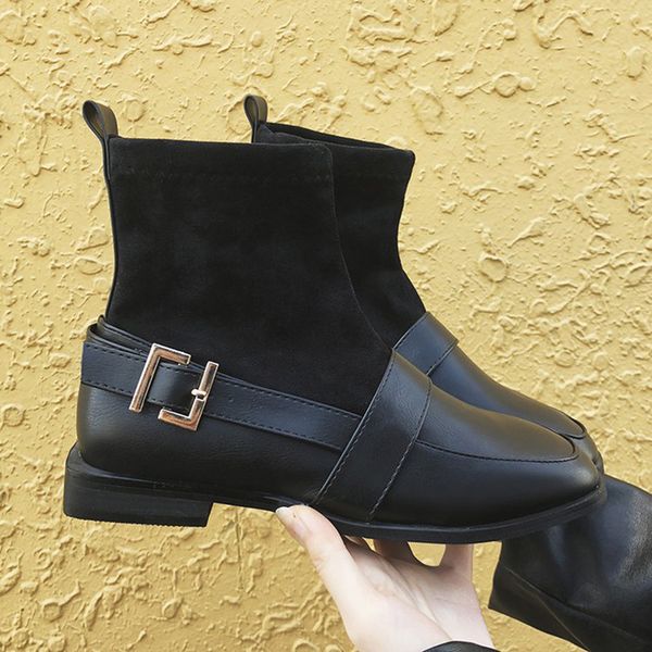 

women's spring autumn 2018 new women ankle boots square heel flat boots, Black