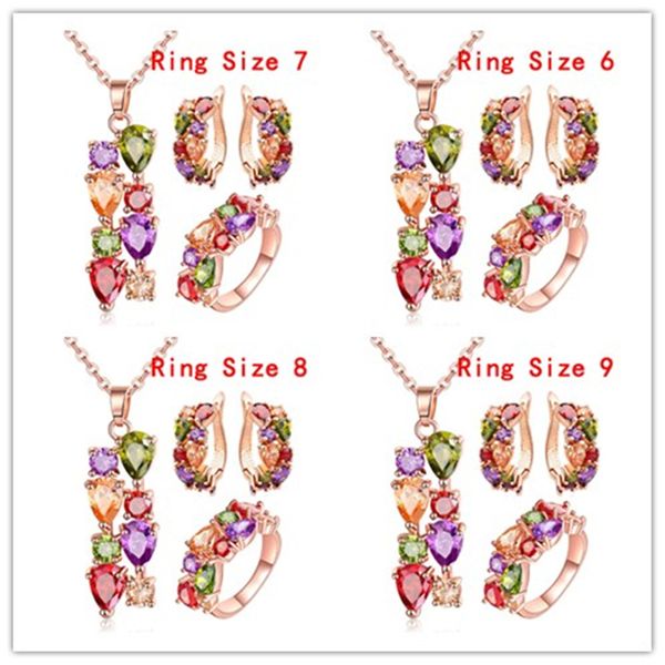 

new fashion rose gold color pendant necklace hoop earring ring jewelry sets for women wedding bridal colorful zircon jewelry set, Silver