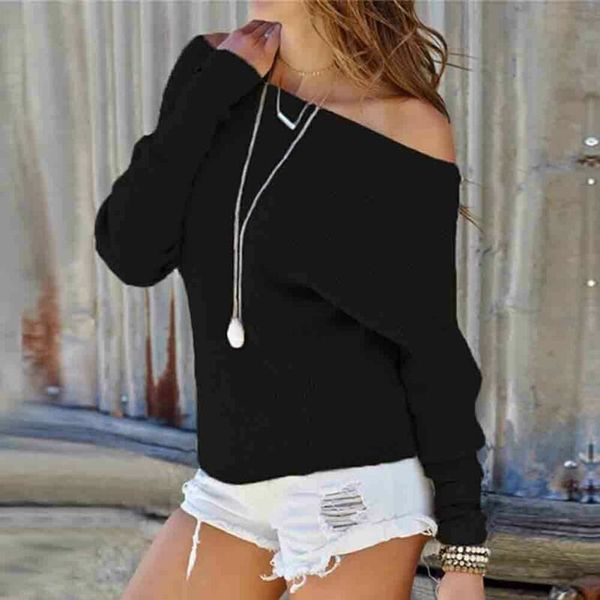 

women off shoulder sweatershirt slash neck long sleeve sweaters jumper pullover tees casual knitted shirts, White;black