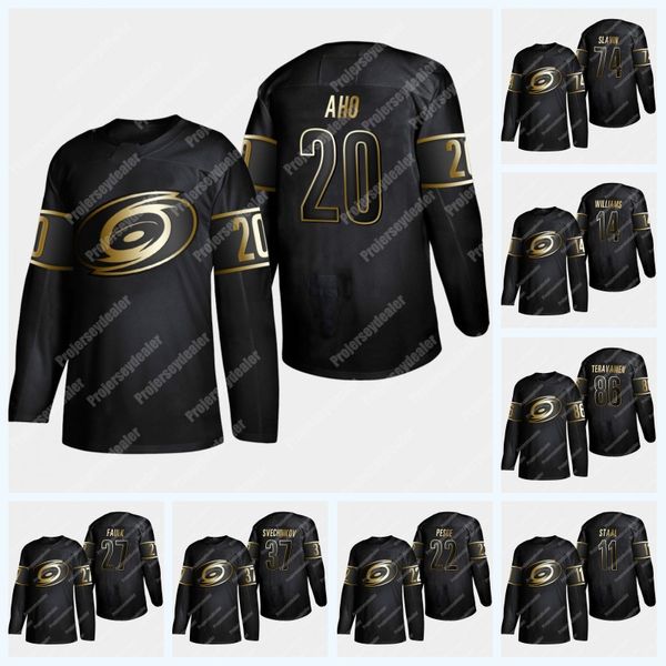 

20 Sebastian Aho 2019 Golden Edition Carolina Hurricanes Jerseys Teuvo Teravainen Brett Pesce Victor Rask Andrei Svechnikov Jaccob Slavin