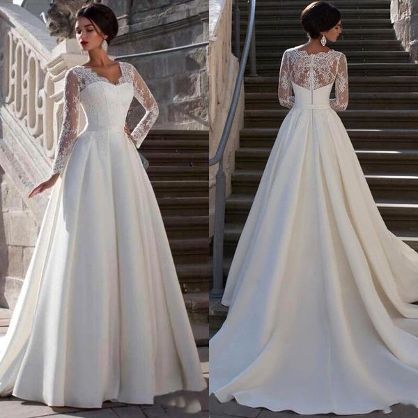 

modest lace appliqued a-line satin wedding dress sweetheart neck sheer back cap long sleeve plus size bridal gown bm1619, White