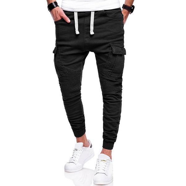 

pleated patchwork gym trousers hip hop men harem pants elastic waist pockets casual joggers drawstring solid pencil sweatpants, Black