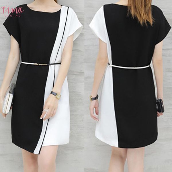 

business belt o neck casual dress summer work short sleeve summer clothes for women knee length womens dresses robe femme g4, Black;gray