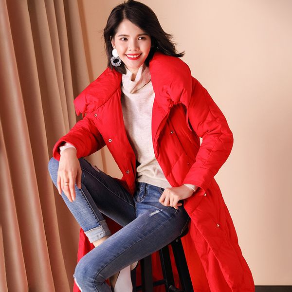 

fashion long women's down jacket 2018 winter women's dress solid color waist hugging lace-up fold-down collar white duck down co, Black;white