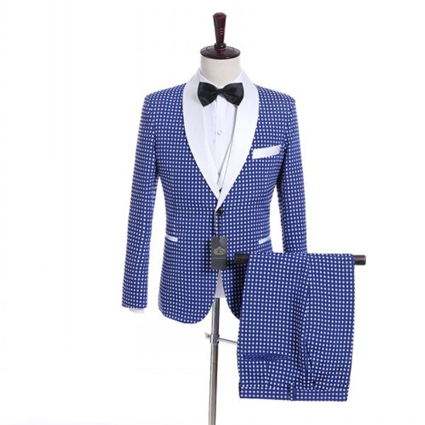 Benutzerdefinierte Designe Blau Weiß Dot Bräutigam Smoking Schal Revers Trauzeugen Männer Hochzeitskleid Mode Mann Jacke Blazer Anzug (Jacke + Hose + Weste + Krawatte)70