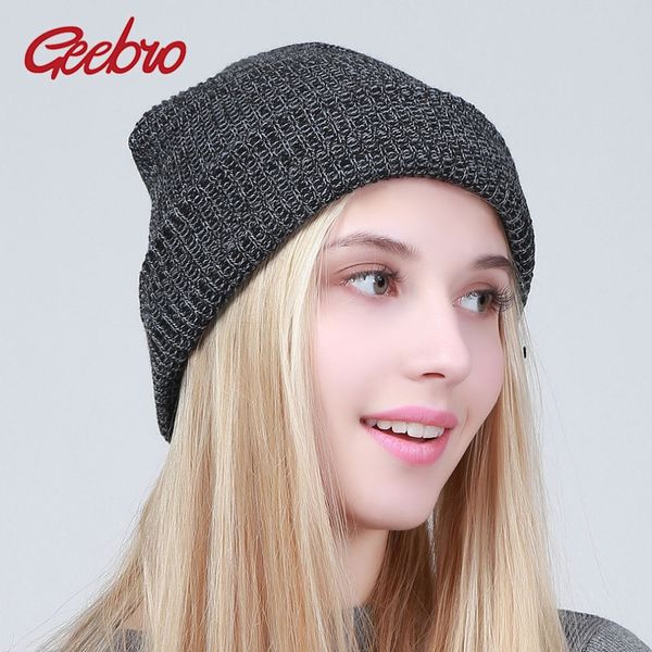 

geebro winter knitted hats for women skullies beanies casual acrylic warm knitted beanie hat bonnet balaclava spring soft cap, Blue;gray
