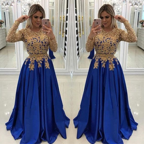 

2019 long sleeves evening dresses gold appliques beaded royal blue long evening prom gowns formal mother of the bride groom bc0144