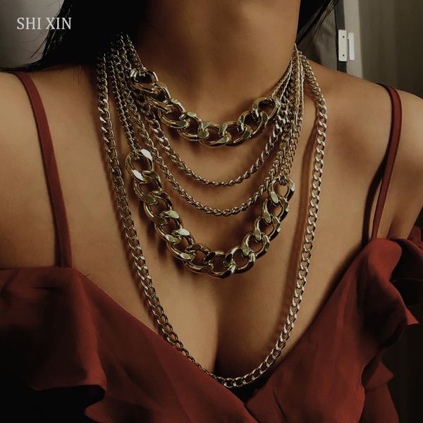 

shixin punk exaggerated big layered thick cuban link chain choker necklace women fashion hippie modern night club jewelry gifts, Silver