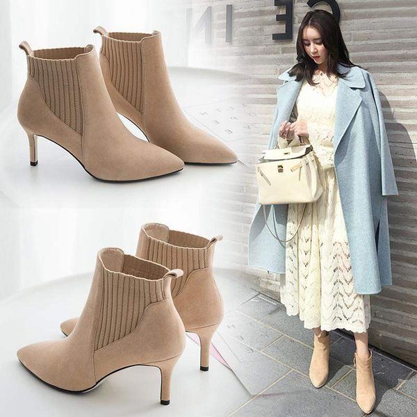 

ankle boots for women stretch sock boots women shoes high heels slip on fashion shoes woman ankle botas mujer invierno 2019, Black