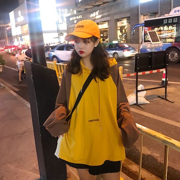

new 2020 spring early autumn women's hoodie loose embroidery letters hooded stitching sleeves pullovers casual female, Black