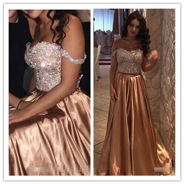 

arabic gold two pieces beads crystal bling prom dresses off shoulder satin long plus size pageant party dress formal evening gowns, Black