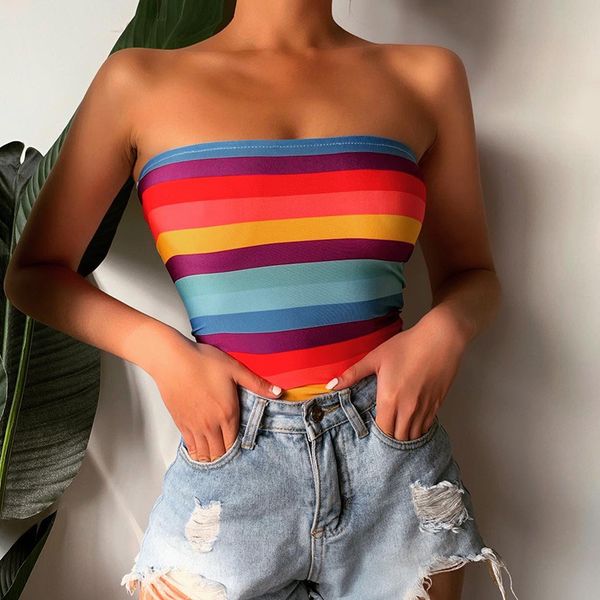 

2020 summer women fashion backelss sleeveless crop rainbow striped strapless off shoulder tube female party club, White