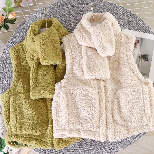 

autumn winter women long sleeve velvet thick solid pocket cardigan vest with scarf female casual large size tank outwear, Black;white